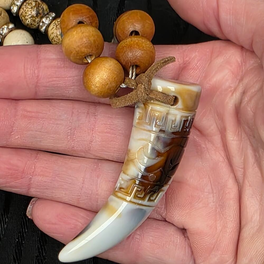Boho Beaded Necklace Tusk Pendant Tribal Style Wood Beads Statement Necklace